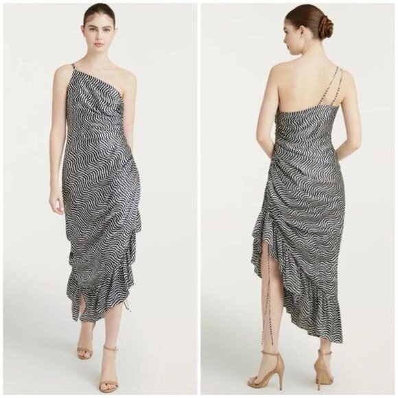 New CINQ À SEPT Christel One-shoulder Asymmetric Silk Midi Dress In Ivory/ Navy - Picture 2 of 15